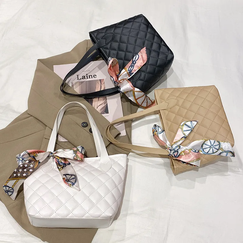 Women Quilted PU Leather Handbag Rhombus Pattern Small Tote Bag With Satin Scarf Elegant Chic Daily Purse
