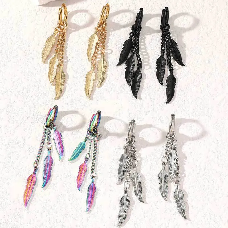 Stainless Steel Feather Dangle Hoop Earrings With Triple Chain Tassel Punk Vintage Style For Women Men