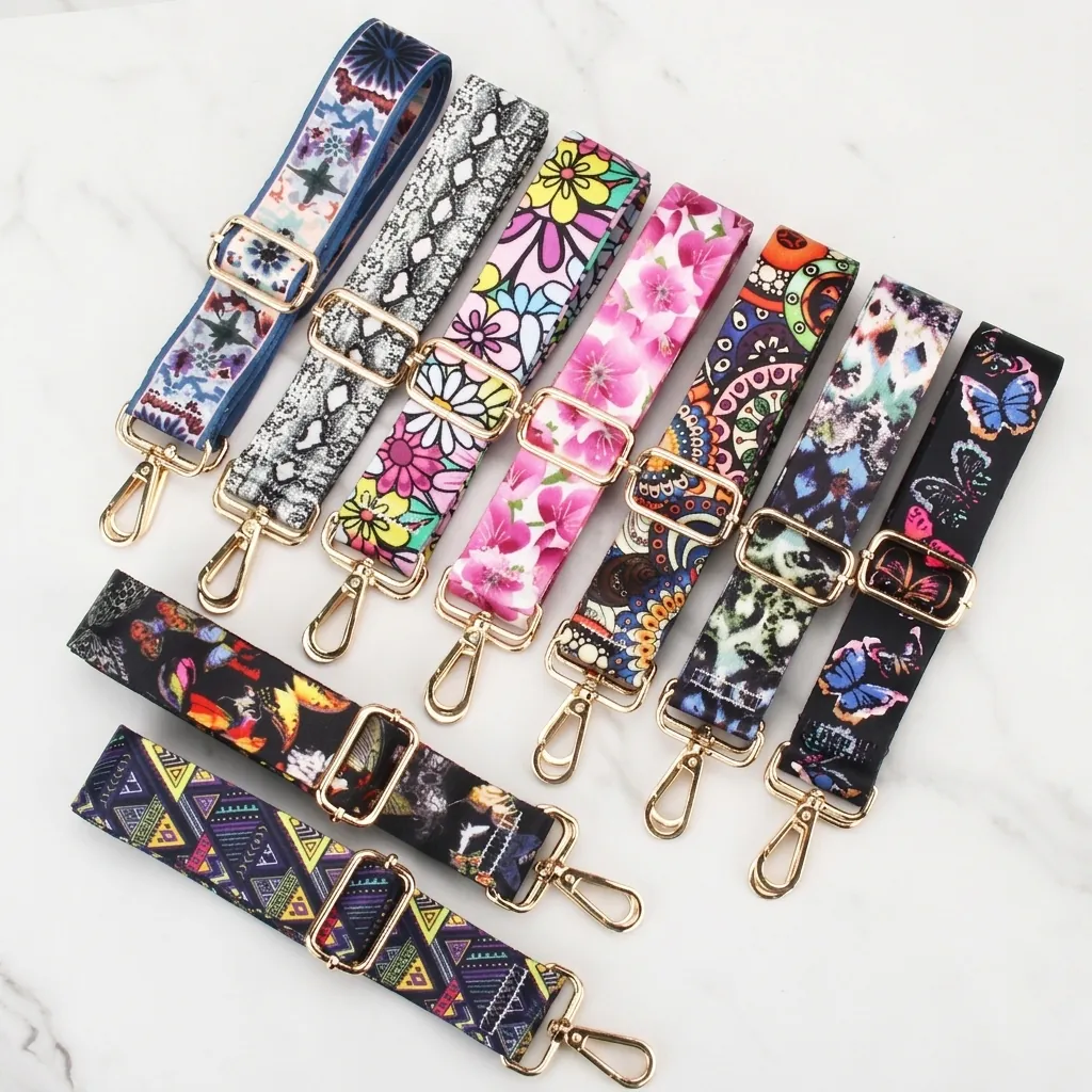 Wide Replacement Bag Straps Adjustable Shoulder Strap Polyester Ethnic Floral Print Gold Metal Buckles For Women Crossbody Handbags