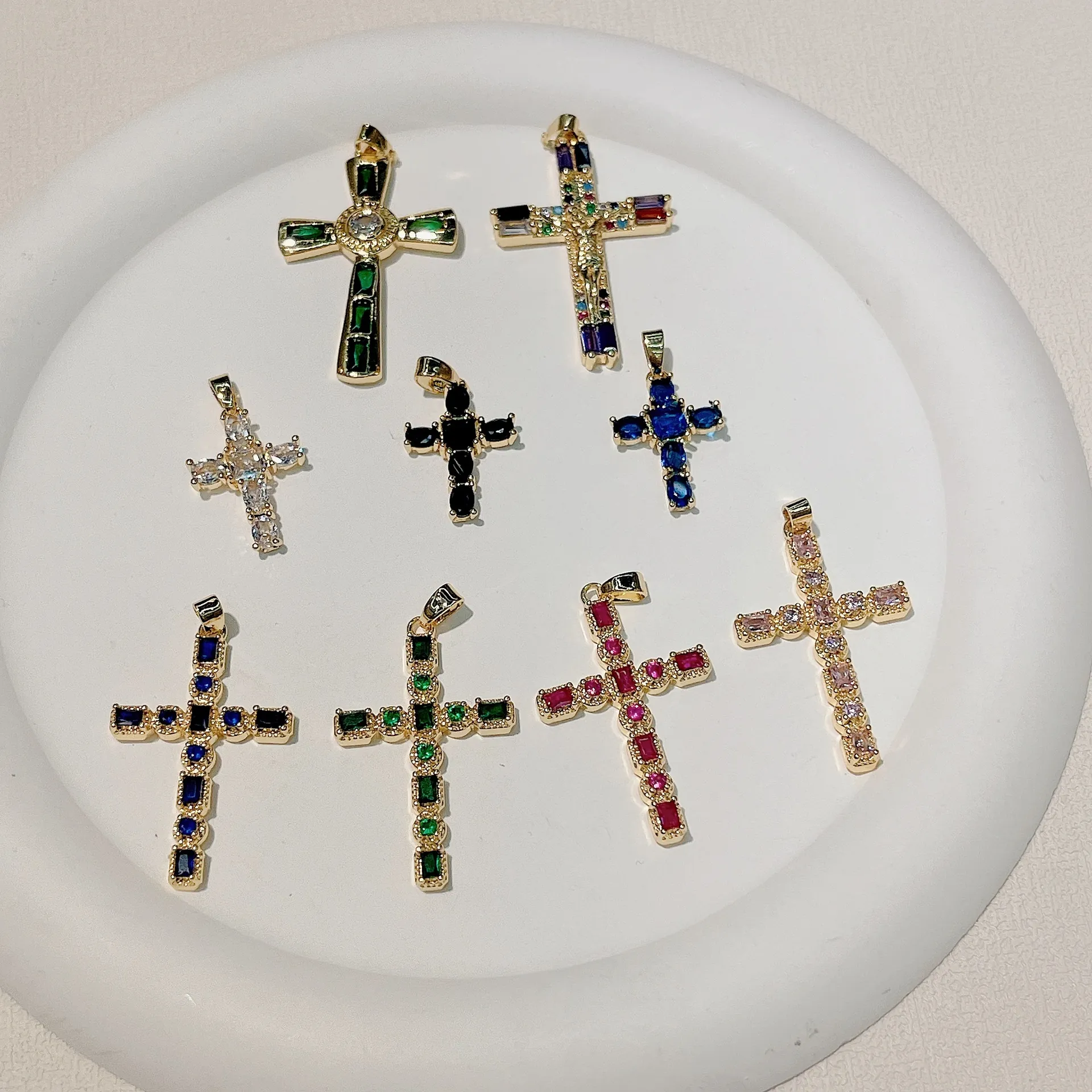 Cross Pendant Gold Plated Copper Colorful Zircon DIY Jewelry Making Charm For Necklace Religious