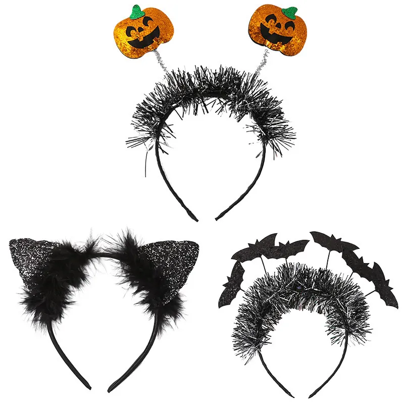Halloween Headbands For Kids Pumpkin Bat Cat Ear Sequin Feather Hair Hoop Party Costume Accessory