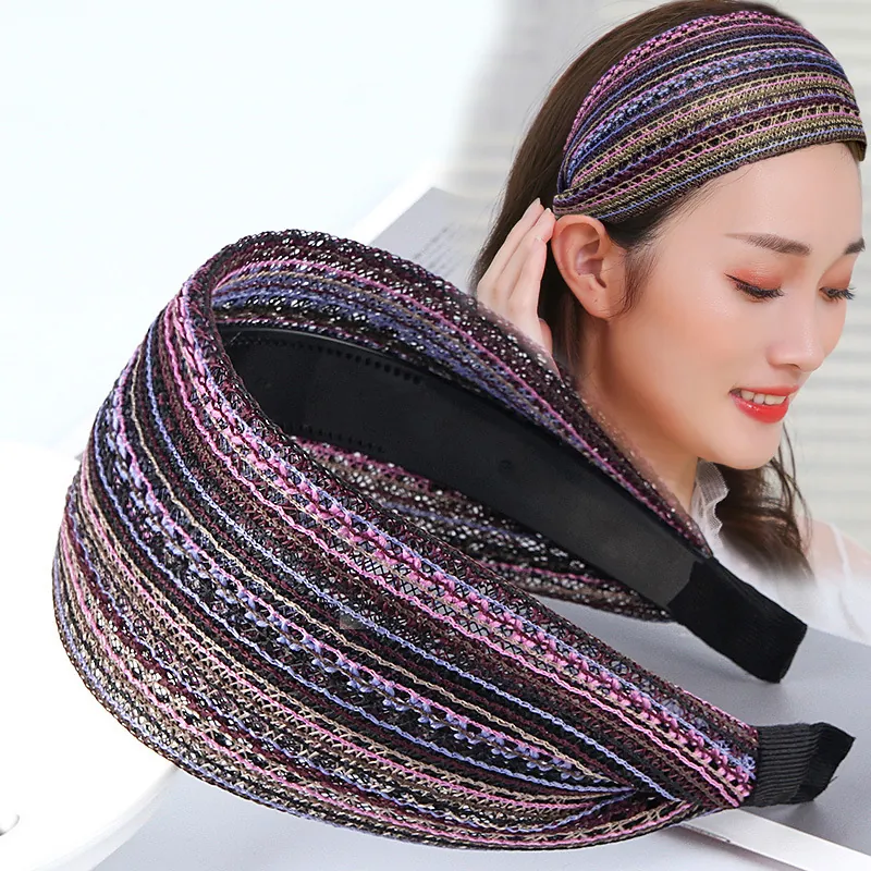 Women Wide Braided Headband Bohemian Knitted Mesh Striped Hair Band Colorful Retro Ethnic Style Hair Accessory