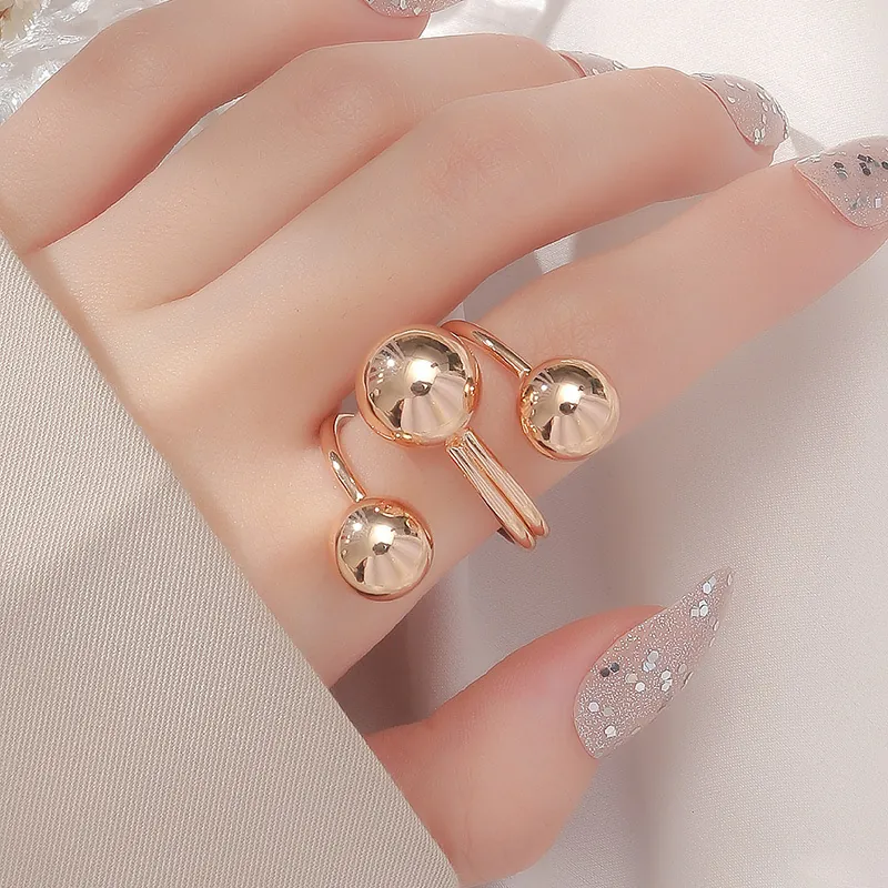 Minimalist Metal Ball Open Ring Resizable Triple Spheres Multi Layer Geometric Statement Jewelry For Women