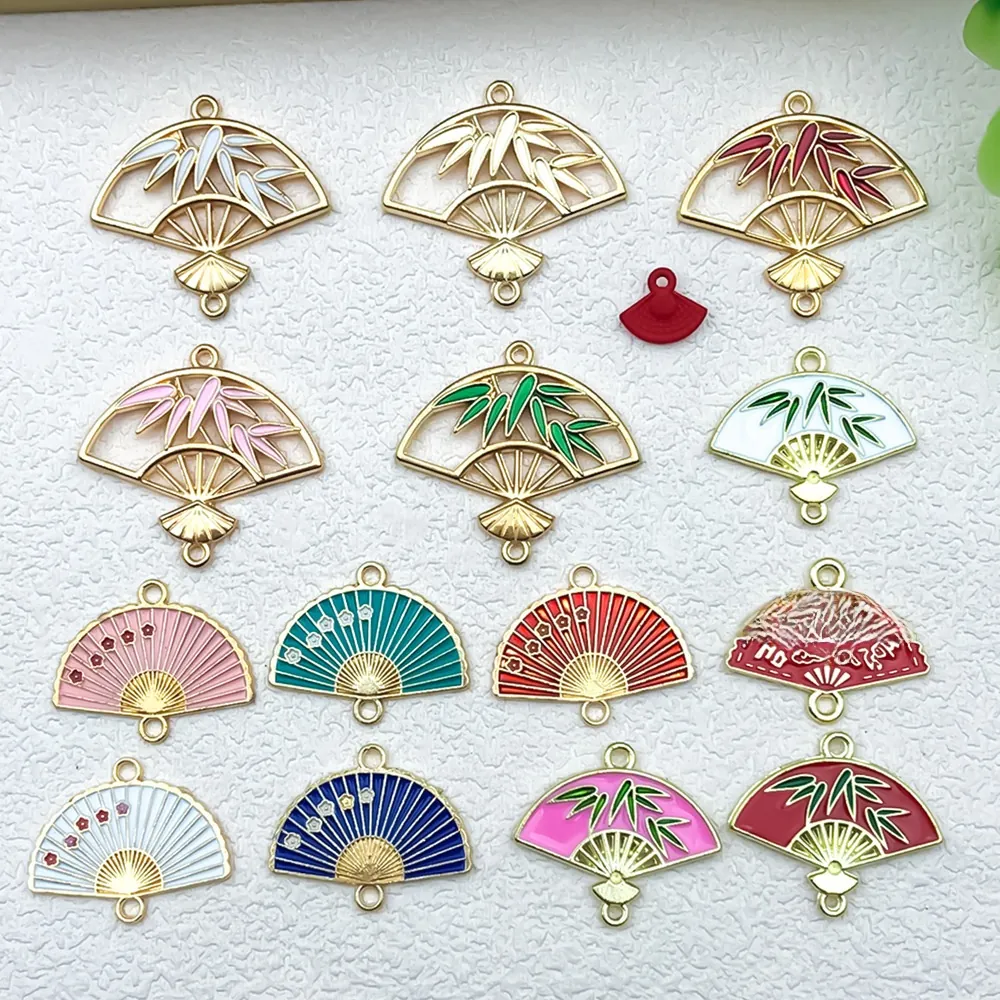 Chinese Style Enamel Fan Charms Alloy Bamboo Floral Jewelry Connectors DIY Handmade Craft Accessories Traditional Design