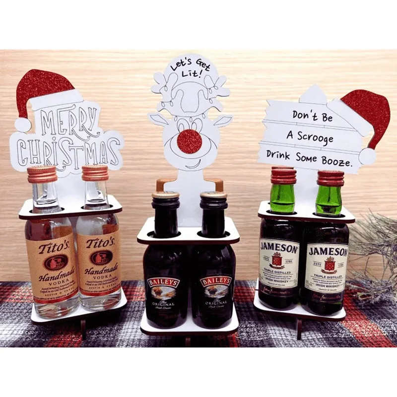Christmas Mini Wine Bottle Holder Wood Reindeer Santa Hat Liquor Rack Decorative Tabletop Party Gift