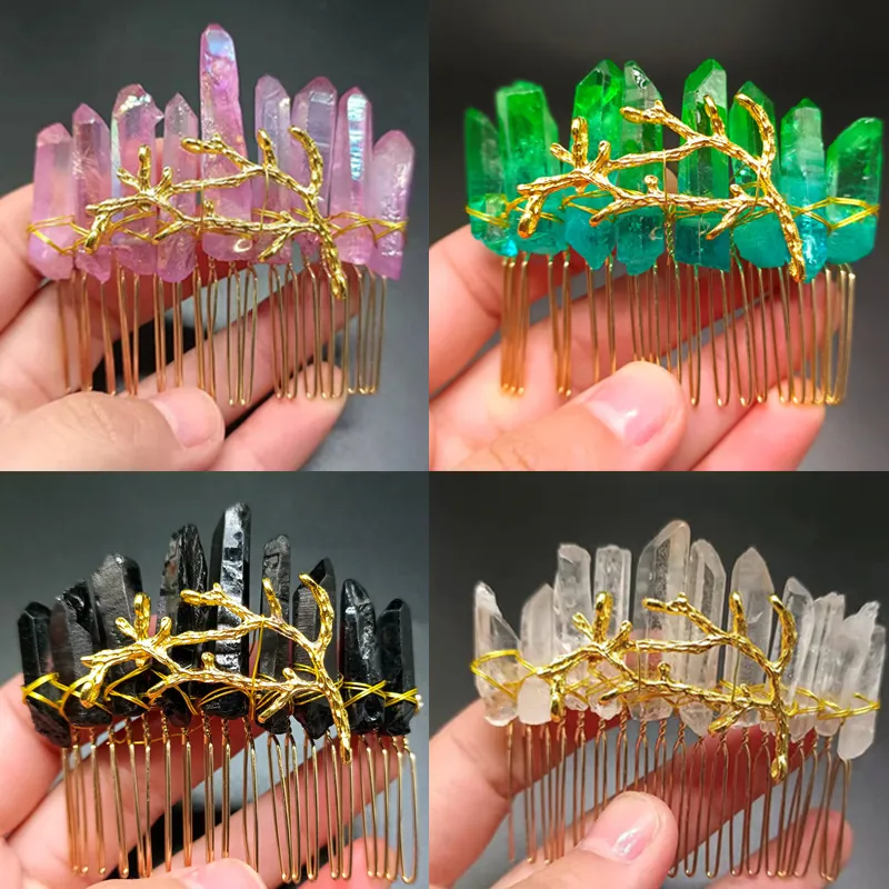Natural Kristall Haarkamm Mit Metallzweig Handgefertigt Aura Quarz Braut Hochzeit Kopfschmuck Boho Styling Accessoire