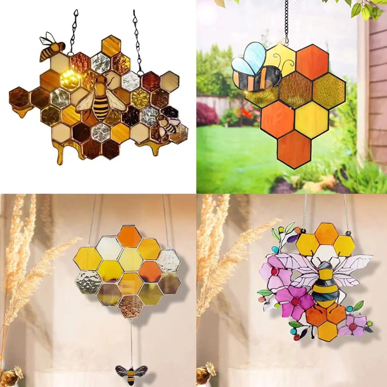 Bee Honeycomb Suncatcher Acrylic Hanging Ornament Stained Glass Style Window Decor Garden Outdoor Indoor Gift Aesthetic