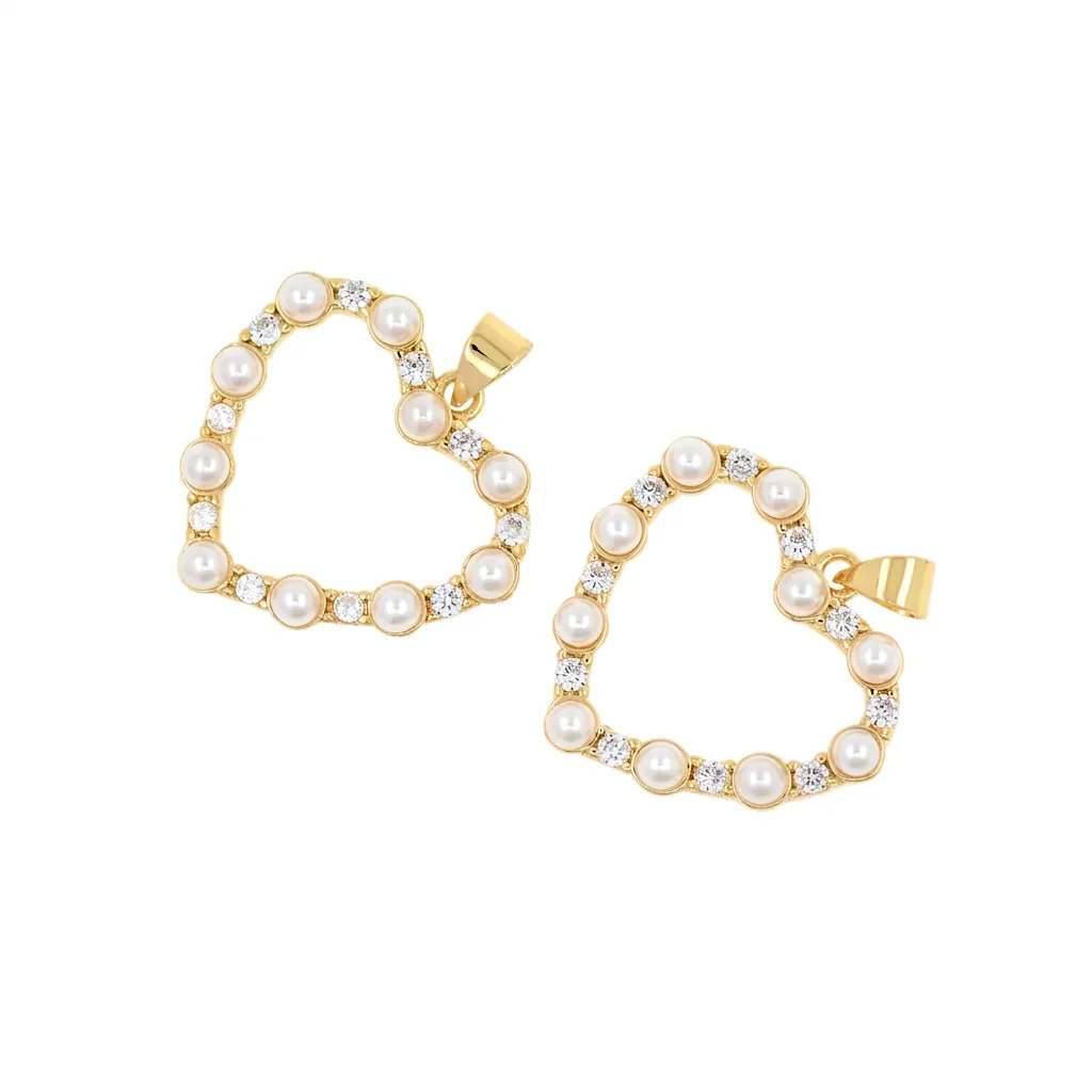 Heart Shaped Pendant Gold Plated Copper With Cubic Zirconia Artificial Pearl Hollow Charm For DIY Jewelry Making Necklaces