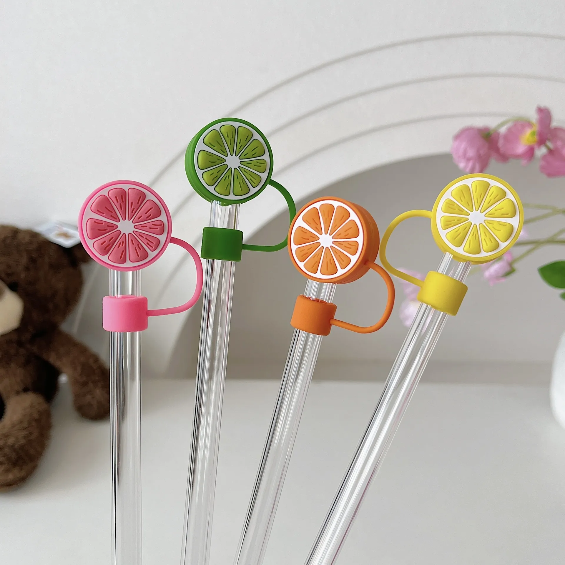 Straw Cover Cap Reusable Silicone Dust Proof Plug Tip Protector Fruit Animal Flower Design Accessory For Drinking Straws