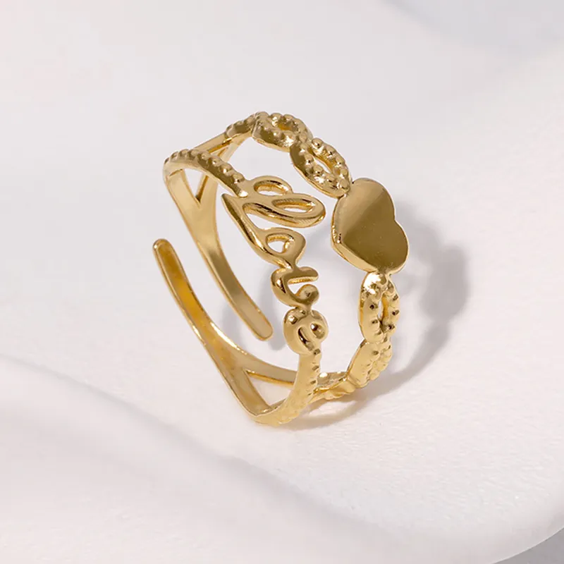 Love Heart Open Adjustable Ring Stainless Steel 18K Gold Plated Double Layer Cute Fashion Jewelry For Women