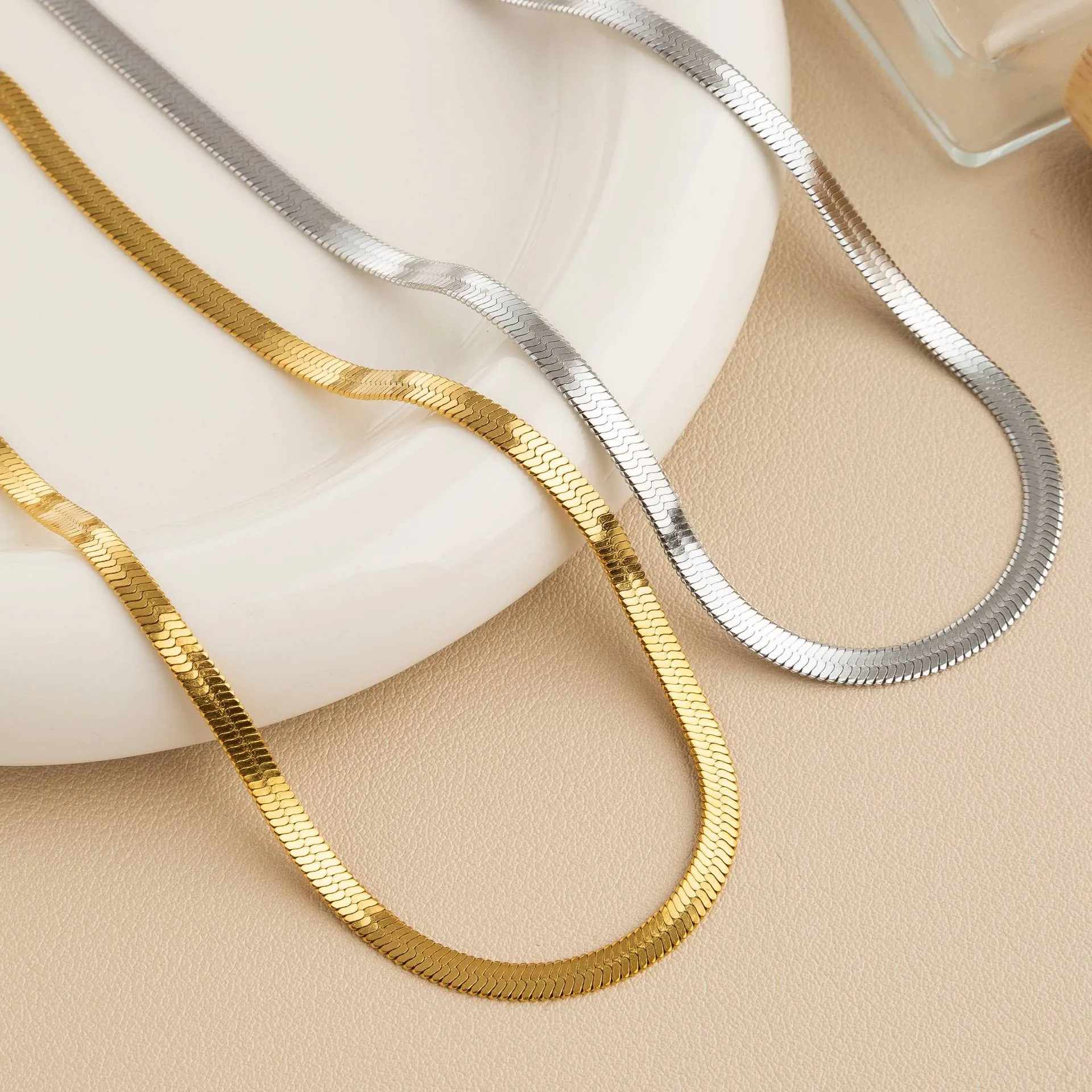 Minimalist Flat Snake Chain Necklace Titanium Steel High Polish Non-fading Herringbone Clavicle Jewelry For Women