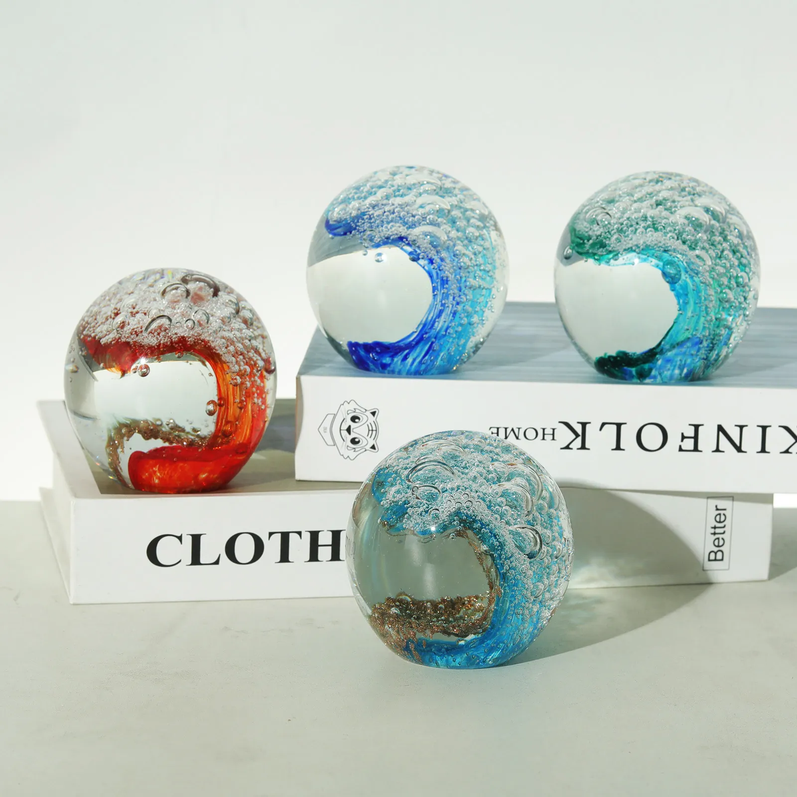 Handmade Crystal Ball Ornament Paperweight Ocean Wave Dolphin Heart Bubble Art Glass Desktop Home Office Decor Modern