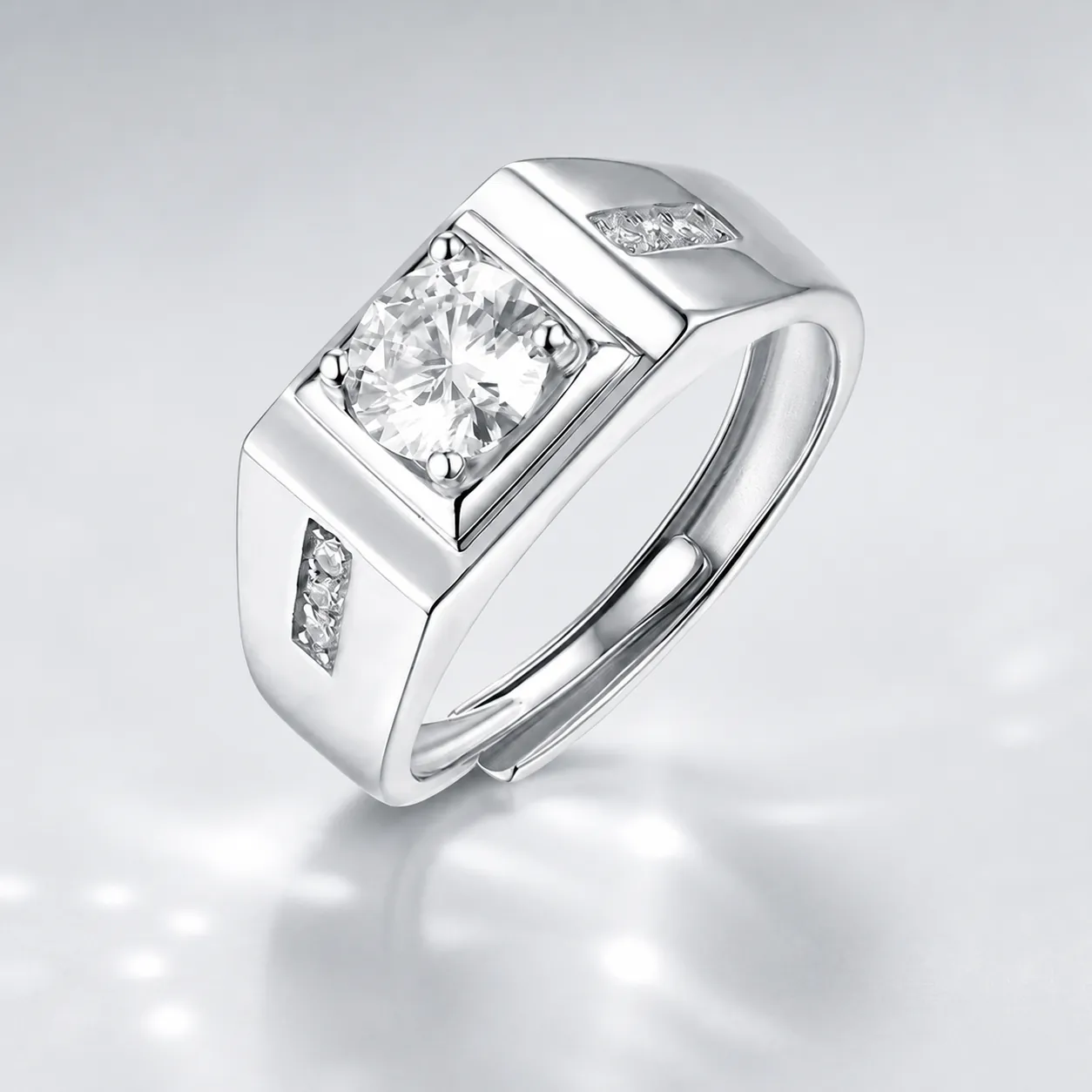 Luxury 925 Sterling Silver Moissanite Ring For Men Platinum Plated Adjustable Round Cut Cubic Zirconia Look Business Finger Jewelry