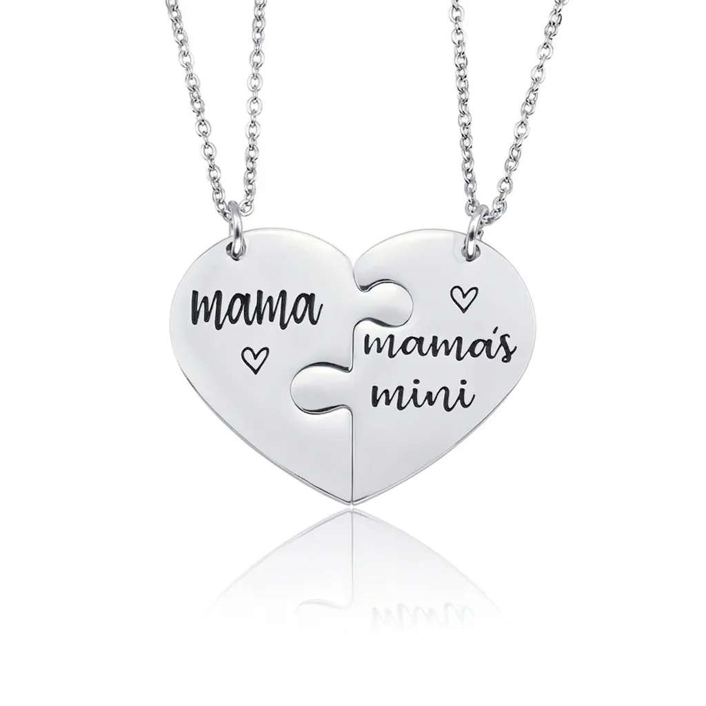 Heart Puzzle Necklaces 304 Stainless Steel Mother Daughter Couple Pendant Jewelry Mirror Polished Lettering