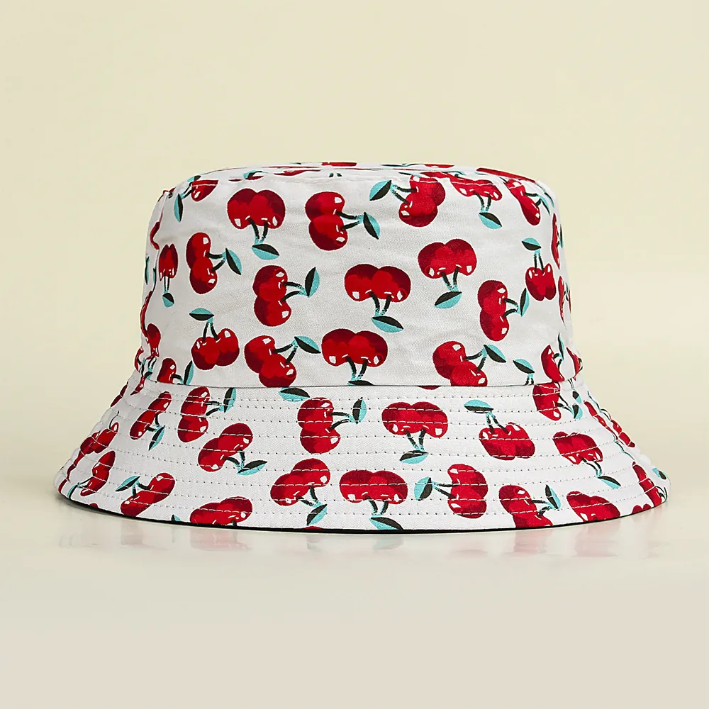 Cotton Canvas Bucket Hat Reversible Cherry Print Sun Protection Summer Outdoor Japanese Style Cute Women