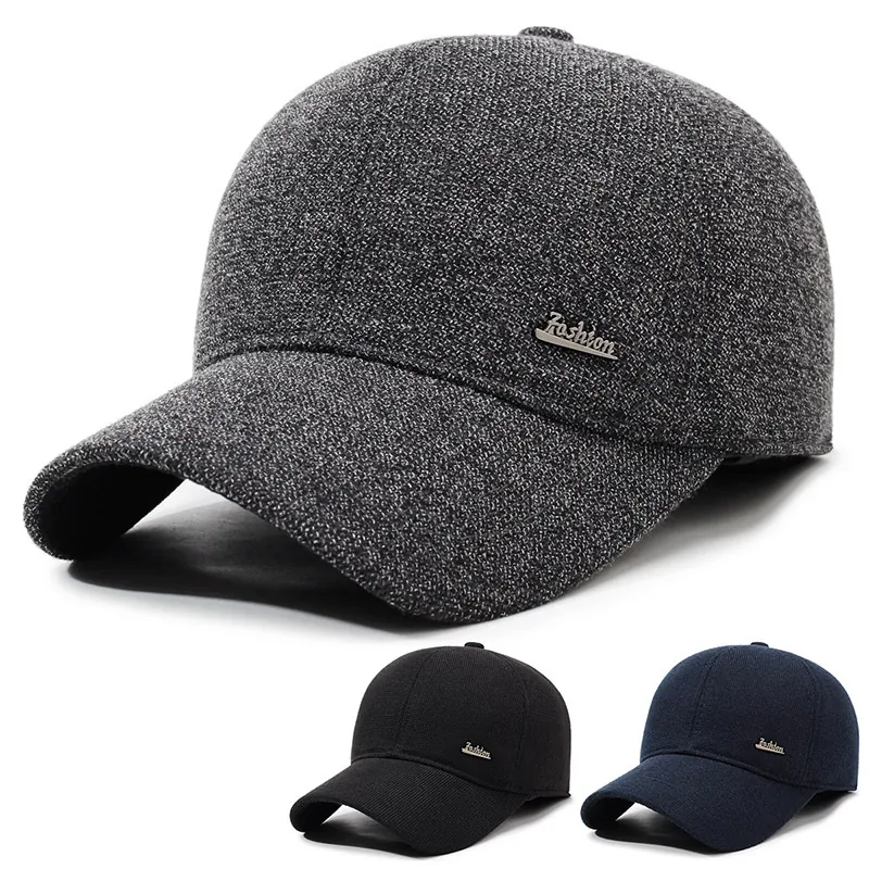 Men Winter Baseball Cap With Foldable Earflaps Warm Windproof Outdoor Casual Hat Thickened Polyester Textured