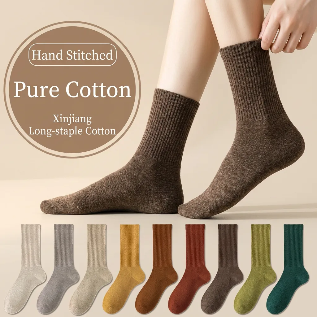 Women's Ribbed Cotton Crew Socks Solid Color Antibacterial Breathable Mid Calf Casual Hosiery Soft Long Staple Cotton