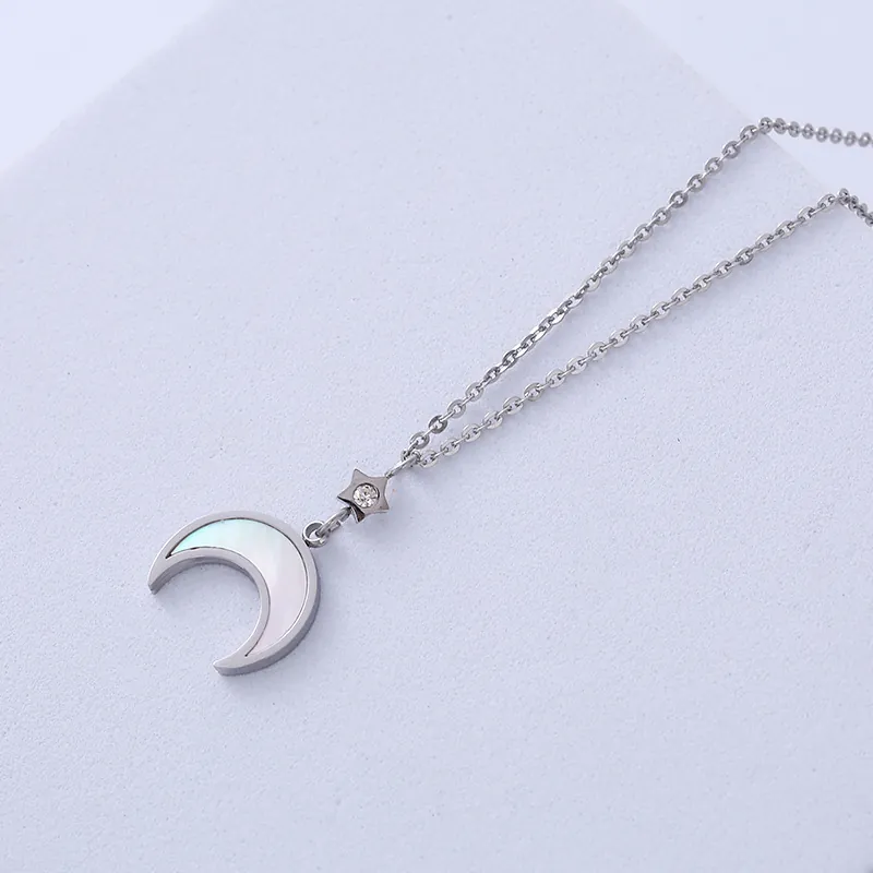 Minimalist Crescent Moon And Star Pendant Necklace 316L Stainless Steel White Mother Of Artificial Pearl Zircon Elegant Jewelry