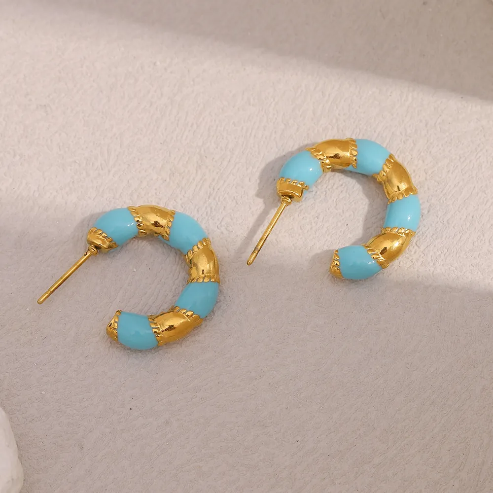 Vintage 18K Gold Plated Stainless Steel Enamel C Shaped Hoop Earrings For Women Trendy Niche Design