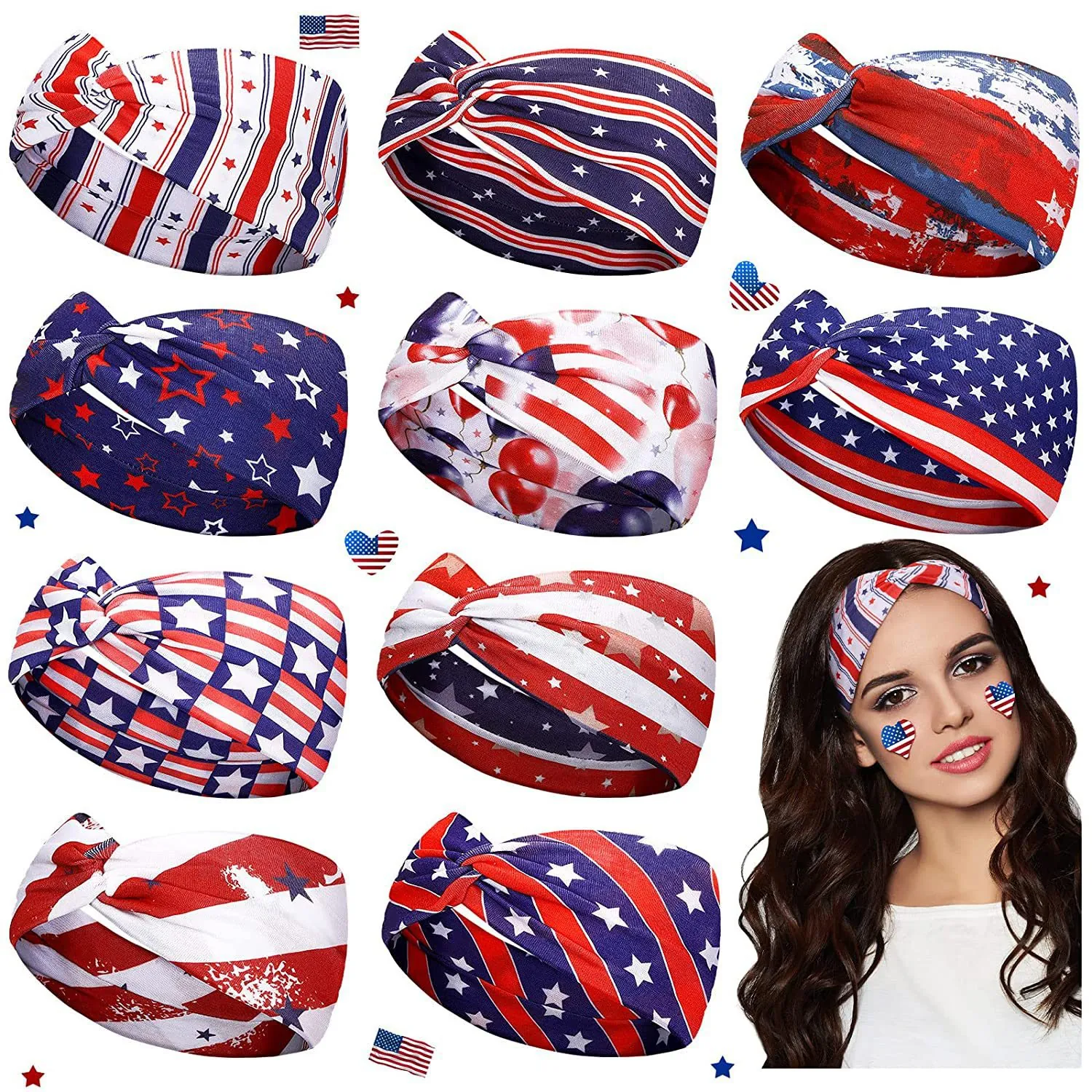 US Flag Knotted Headband Stars Stripes Elastic Breathable Polyester Yoga Running Sports Hair Band Independence Day Women