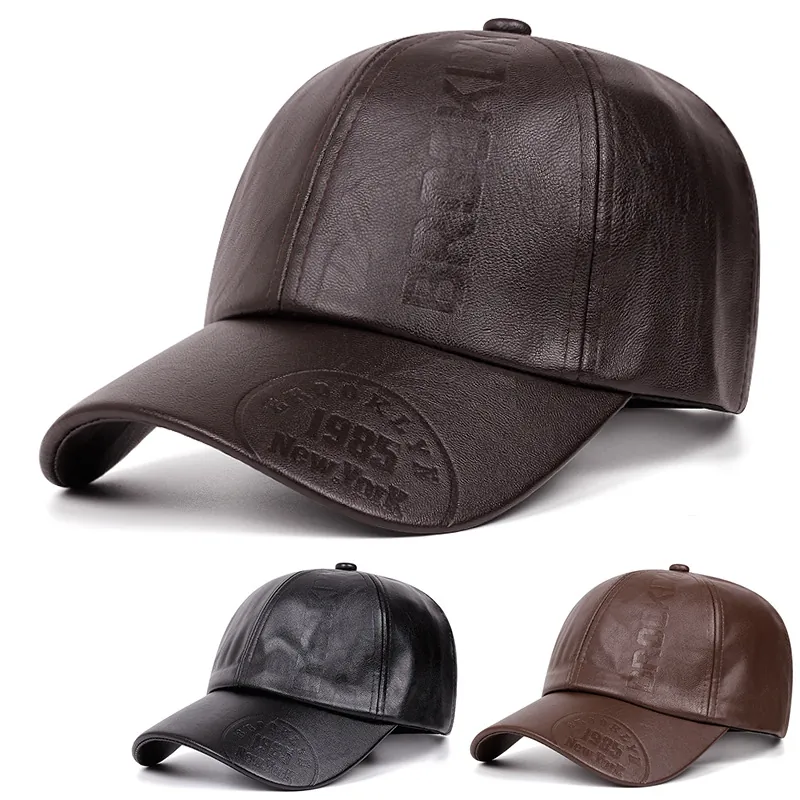 Casquette De Baseball En Cuir PU Rétro Homme Vintage Lettres Brooklyn Embossées Hiver Chaud Ajustable Décontractée