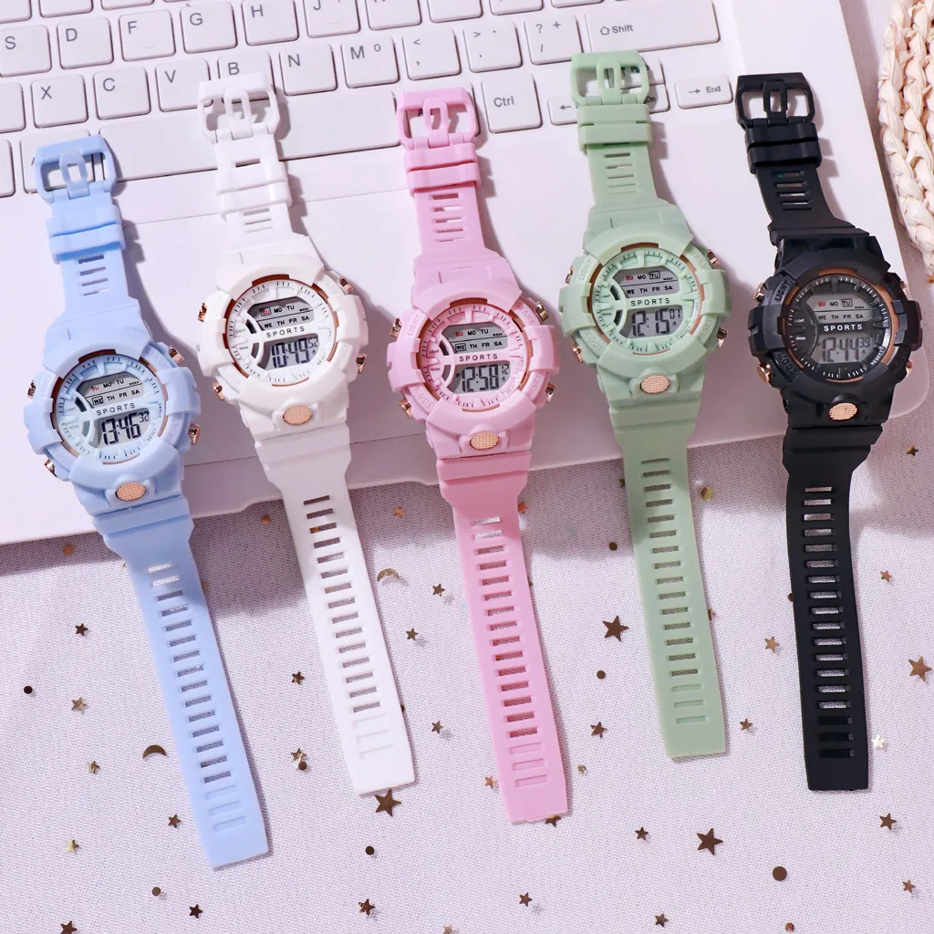 Stylish Digital Sports Watch For Students And Kids Luminous Alarm Multifunctional Resin Case PVC Strap Korean Fashion Wristwatch