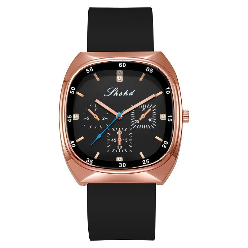Fashion Women Quartz Watch Rose Gold Oval Case Silicone Strap Rhinestone Dial Chronograph Style Casual Ladies Wristwatch