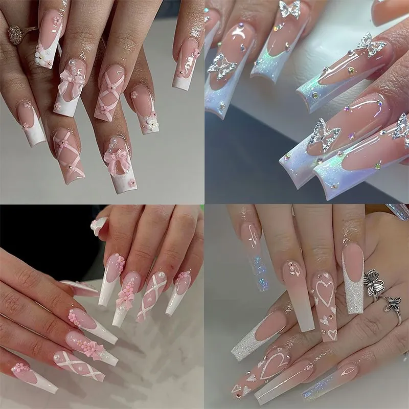 Lange Sarg Form Press On Nägel Französisch Mit 3D Strass Bogen Schmetterling Blume Künstliche Nägel Damen