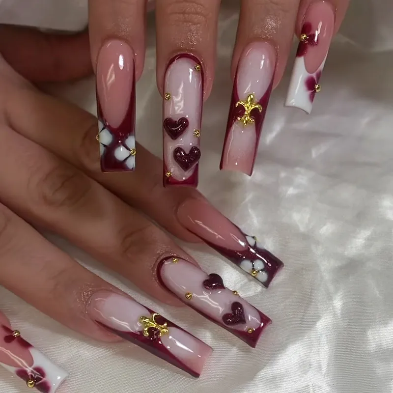 Long Coffin Press On Nails French Tips 3D Relief Flower Heart Metal Decor Elegant Pink Burgundy Fashion Artificial