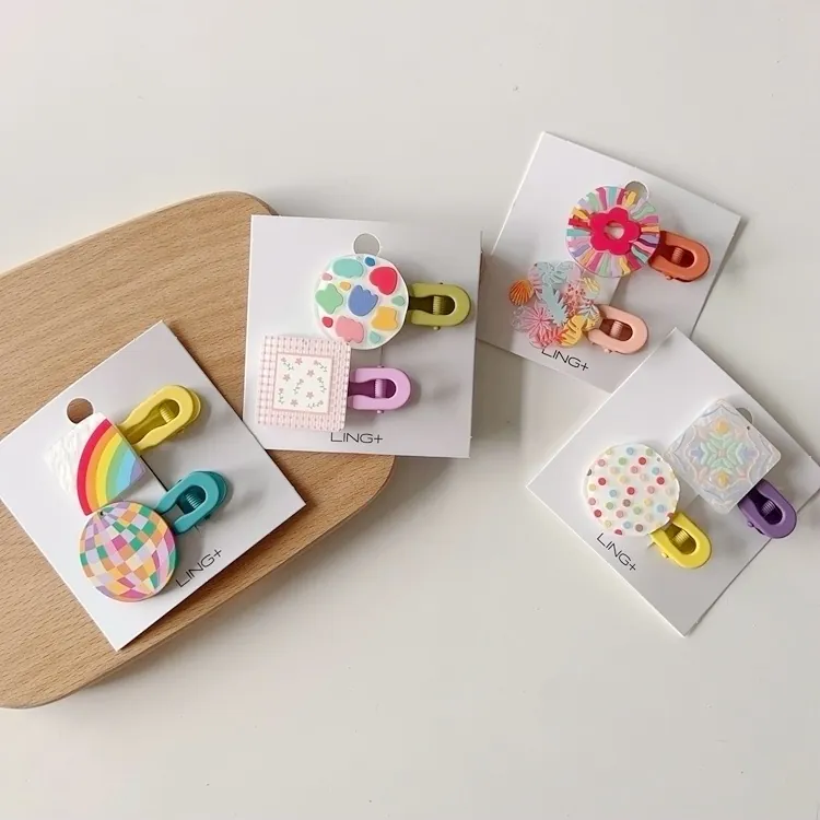 Korean Style New Geometric Color Block Kids Acrylic Hair Clips Girls Rainbow Planet Flower Pattern Side Clips Hair Accessories