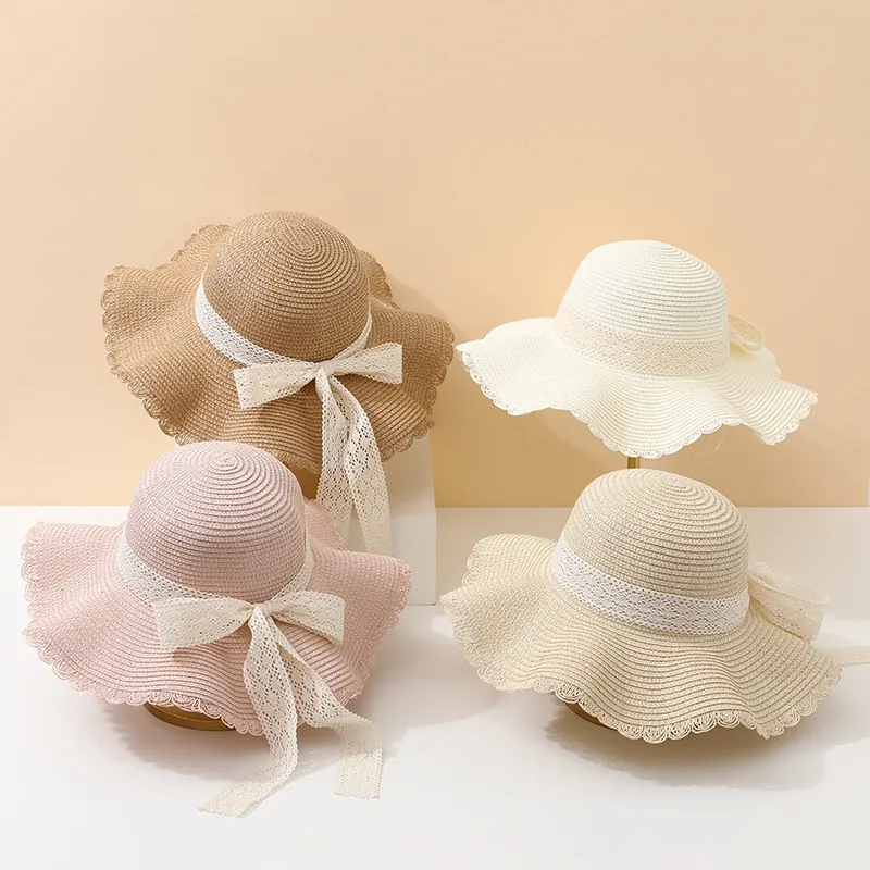 Women Straw Sun Hat Lace Bowknot Scalloped Wave Edge Wide Brim Breathable Summer Beach Vacation Elegant Fashionable