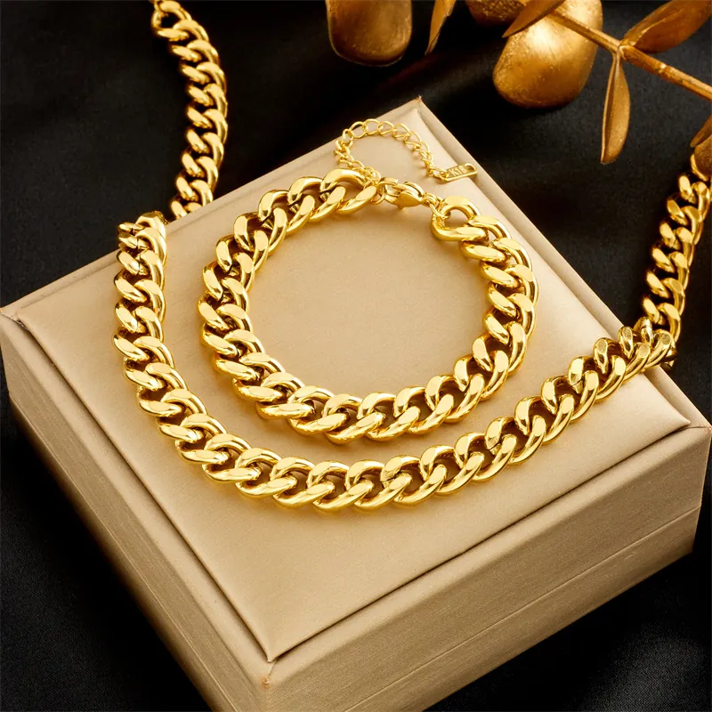 Stainless Steel 18K Gold Plated Necklace And Bracelet Jewelry Cuban Curb Snake Chain Hip Hop Punk Retro Women Men