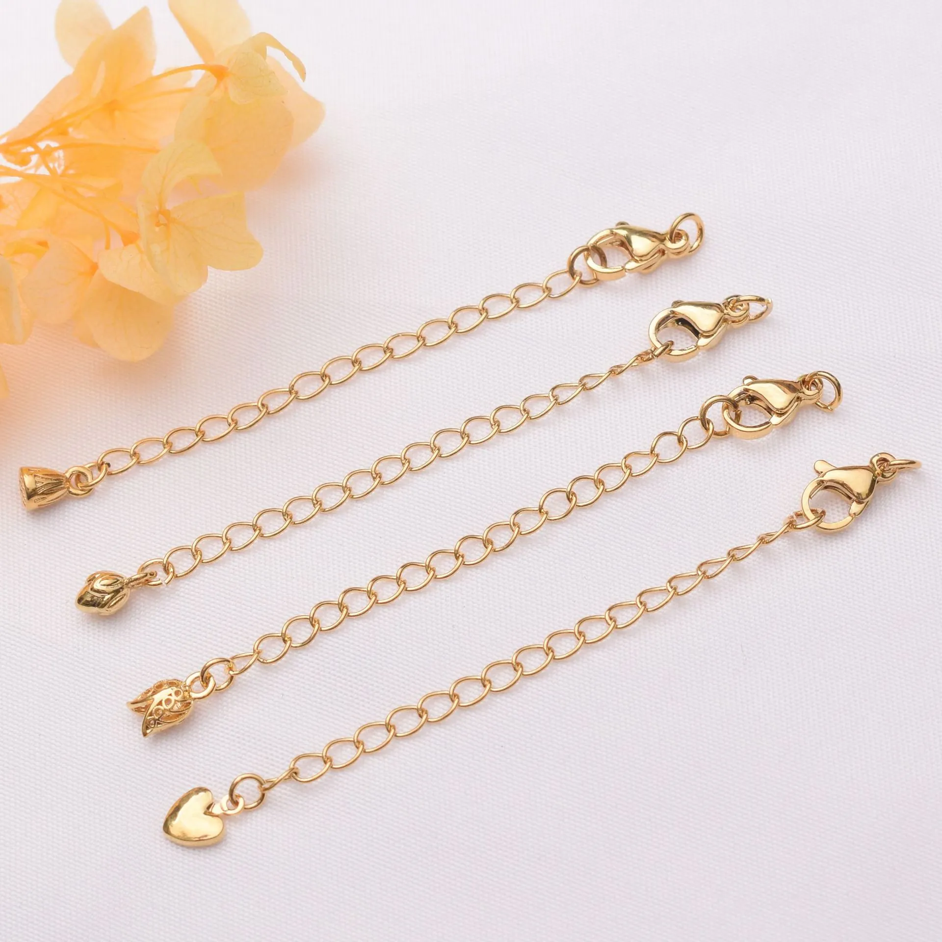 Copper Extension Chain Gold Plated Necklace Bracelet Extender With Lobster Clasp Heart Charm For DIY Jewelry Making