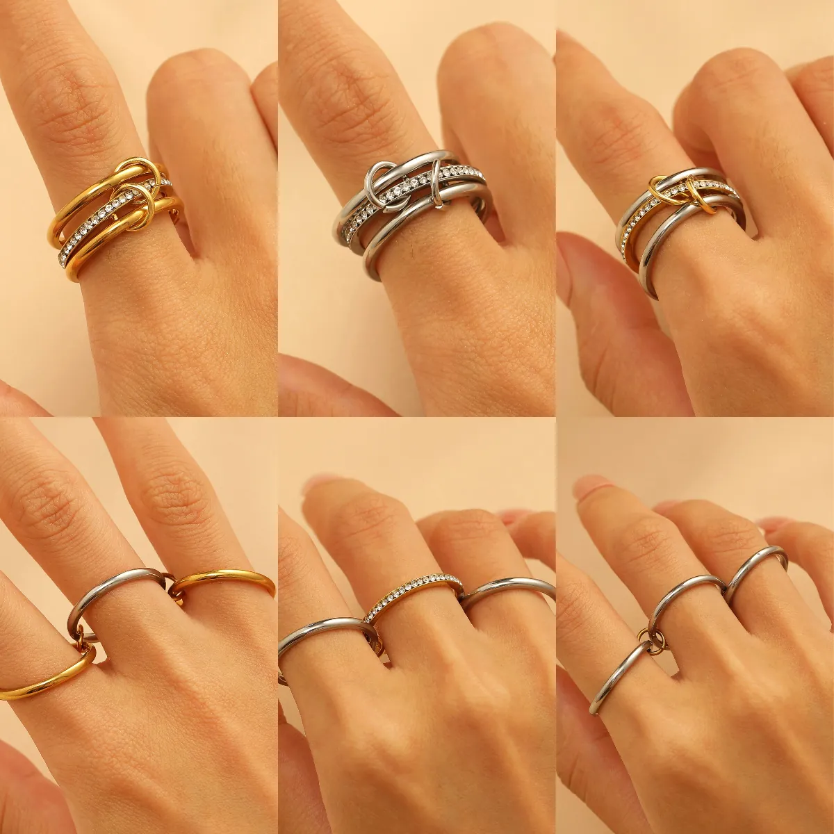 Interlocking Stackable Rings Multi Layer Stainless Steel Mixed Metal Zirconia Geometric Minimalist Jewelry For Women