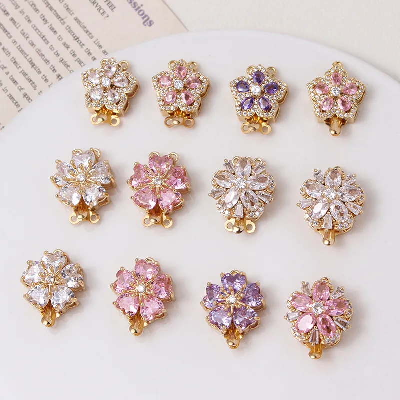 Cherry Blossom Flower Jewelry Clasp Connector Gold Plated Copper Micro Pave Zircon For DIY Bracelet Necklace Making Elegant