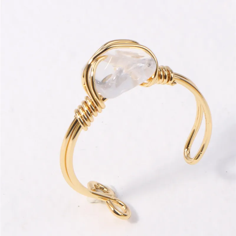 Natural Stone Crystal Wire Wrapped Open Ring Minimalist Adjustable Bohemian Handmade Metal Ring For Women Jewelry Gift