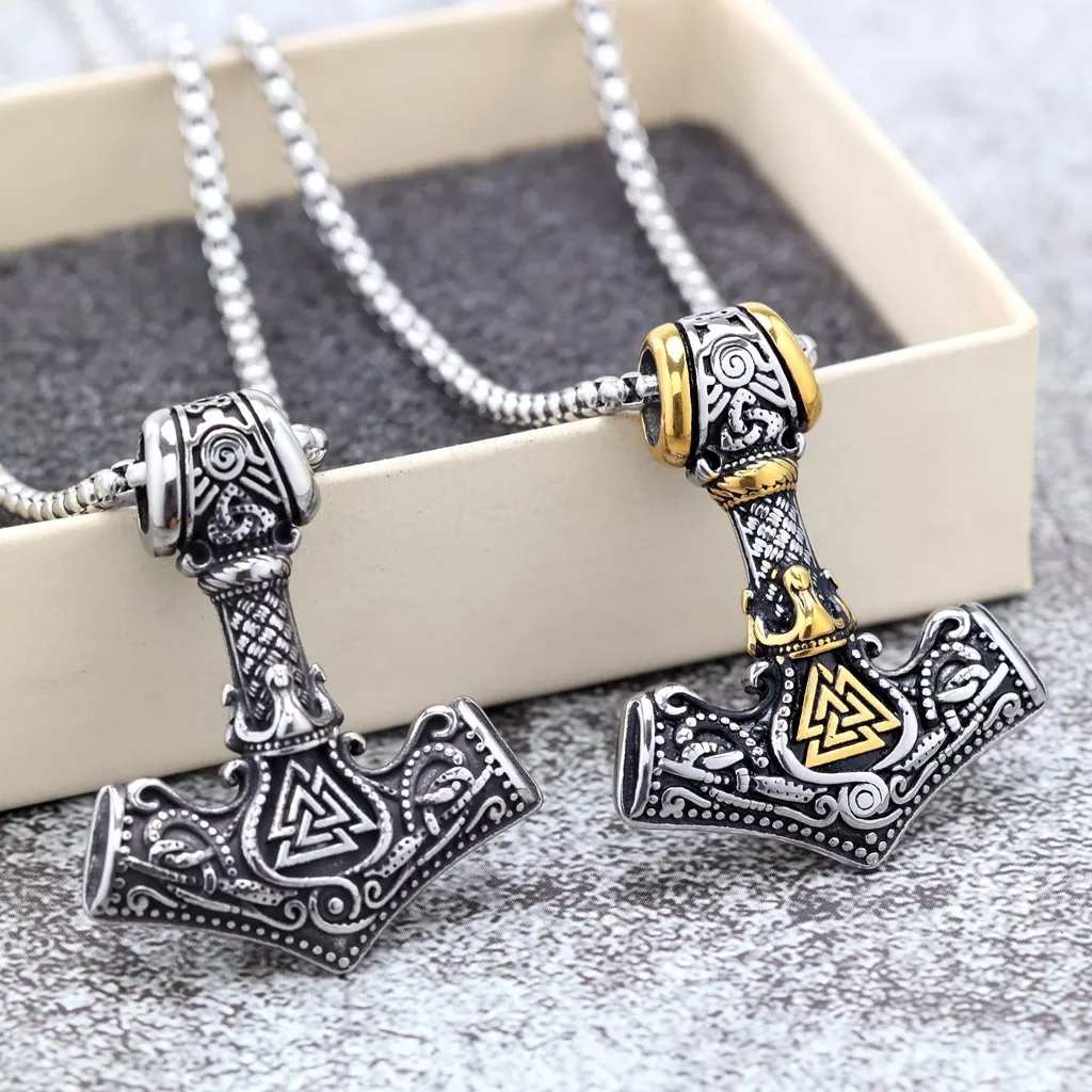 Vintage Viking Thor's Hammer Mjolnir Pendant Necklace Stainless Steel Norse Mythology Valknut Symbol Jewelry For Men Women