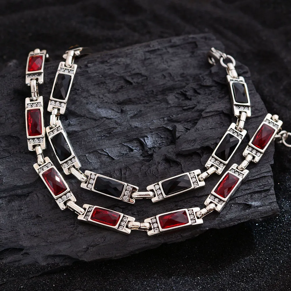 Vintage Rectangular Red Black Gemstone Bracelet For Women Silver Tone Copper Rhinestone Geometric Link Chain Jewelry