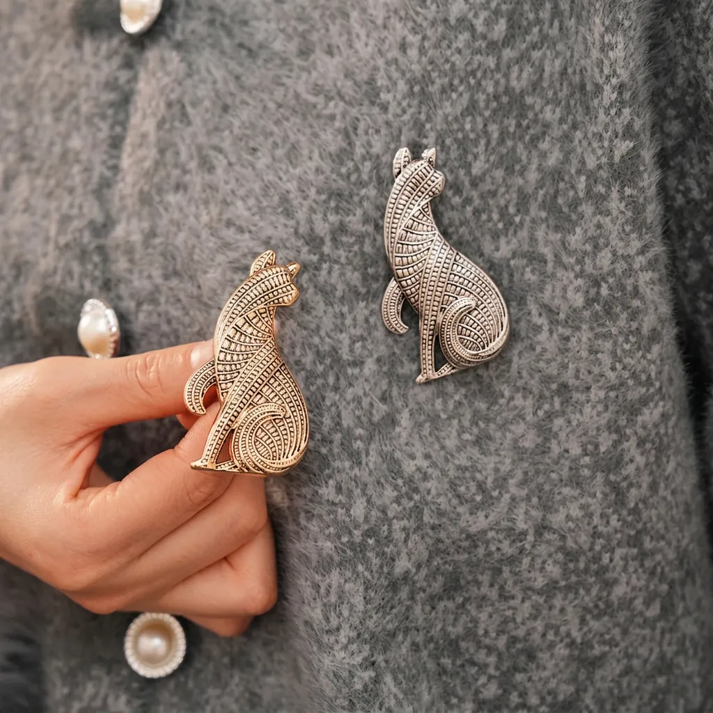 Vintage Sitzende Katze Brosche Antike Legierung Metall Strukturierte Geometrische Muster Retro Tier Anstecknadel Schmuck Für Frauen