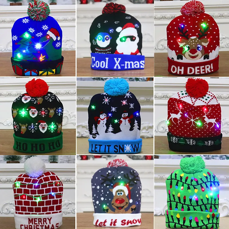 Christmas LED Knitted Hat Colorful Light Up Beanie Cartoon Winter Warm Cap For Adults Kids Holiday Party Decoration