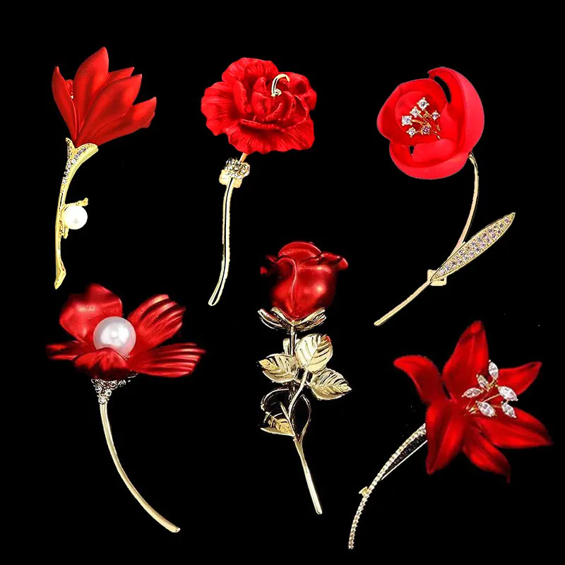 Red Enamel Flower Brooch Pin Alloy Rhinestone Imitation Artificial Pearl Rose Tulip Lily Wedding Party Elegant Jewelry For Women