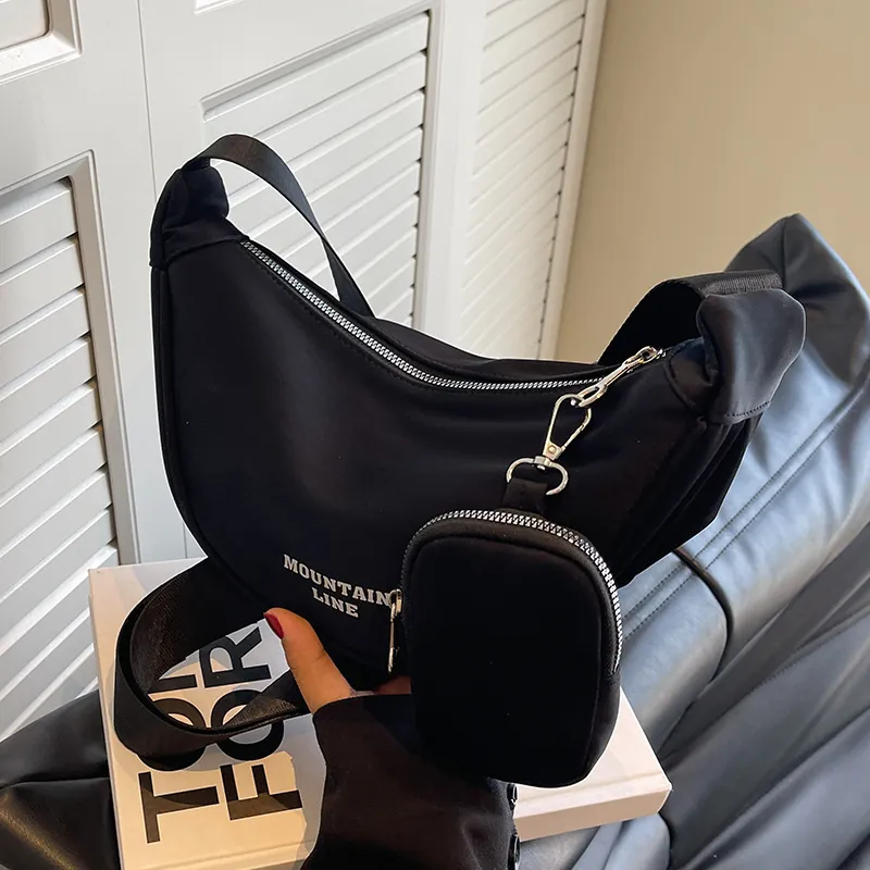 Borsa A Tracolla Mezzaluna In Nylon Da Donna Borsa Hobo Grande Capacità Con Mini Pochette Rimovibile Tracolla Regolabile