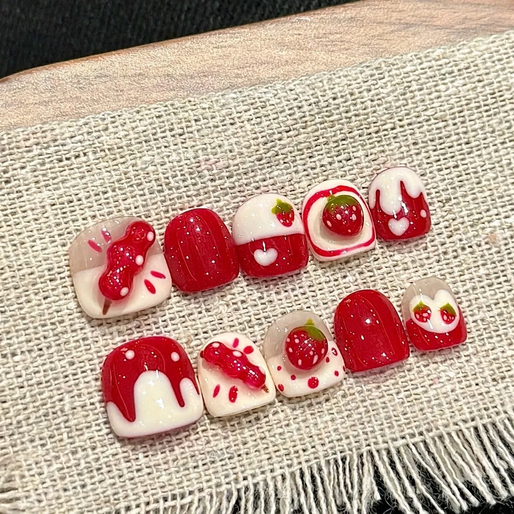 Handmade Kids Press On Nails Strawberry 3D Relief Red White Resin Short Square Nails For Girls Sweet Cute