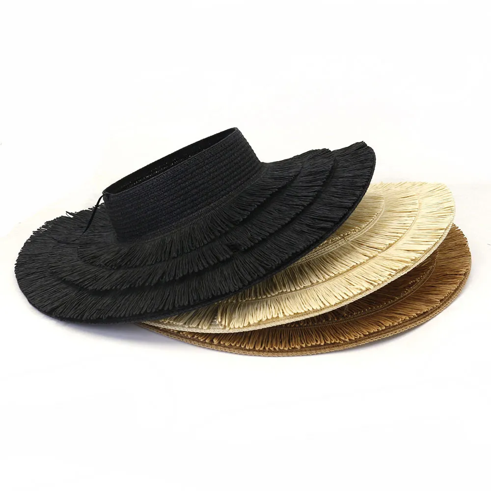 Women Open Top Straw Hat Large Brim Sun Visor Tassel Fringe Foldable Paper Braided Summer Beach Travel