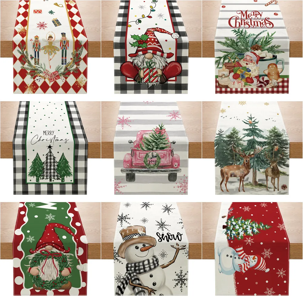 Christmas Table Runner Polyester Linen Texture Festive Holiday Dining Decor Snowman Gnome Reindeer Nutcracker Printed