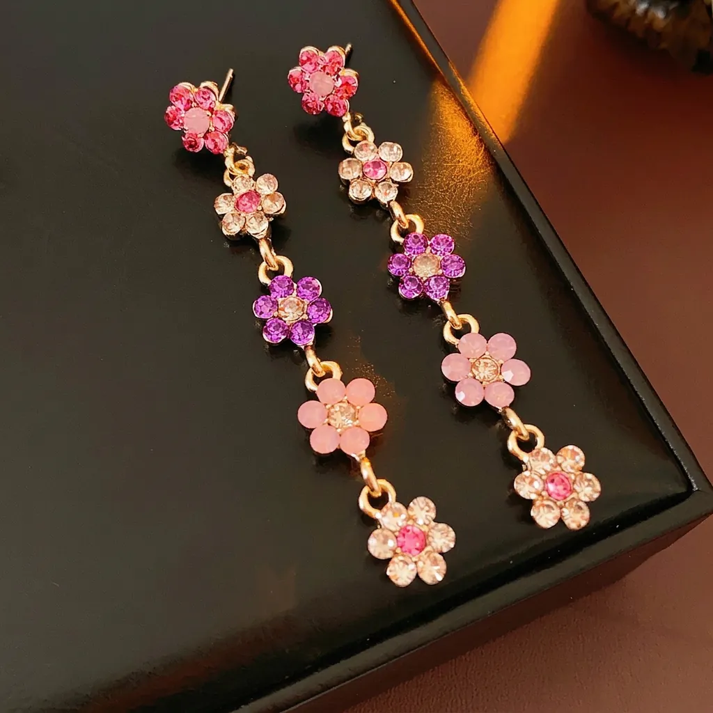 Multicolor Rhinestone Flower Tassel Long Drop Earrings With Silver Earring Post Alloy Sweet Elegant Niche For Women