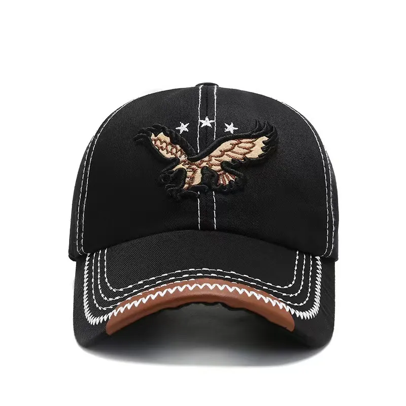 Baseball Cap Cotton With Leather Trim Eagle Embroidery Contrast Stitching Adjustable Sun Hat Outdoor Vintage For Men