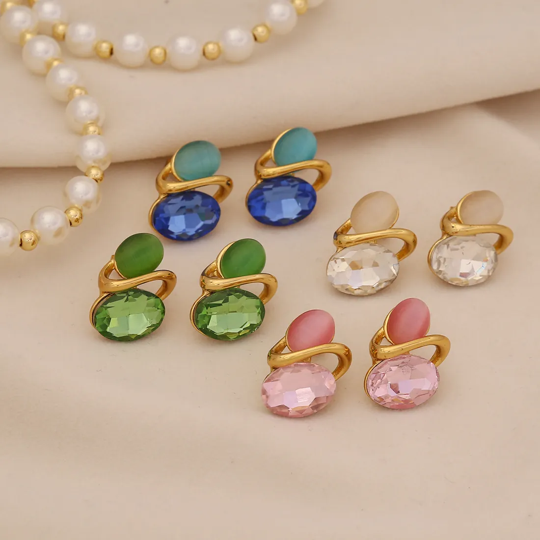 Boucles D'oreilles Puces Vintage En Pierre Oeil De Chat Acier Inoxidable Verre Géométrique Bijoux Femmes Doré