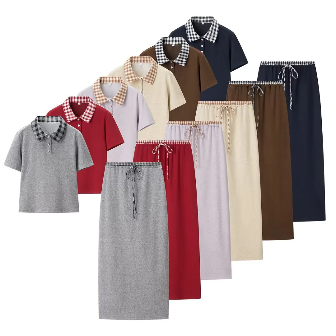 Damen Farbblock Gespleißtes Polo-Top Oder Karobesatz Midi-Rock Lässig Pendler Strick Polyester Zweiteiliges Outfit Stil