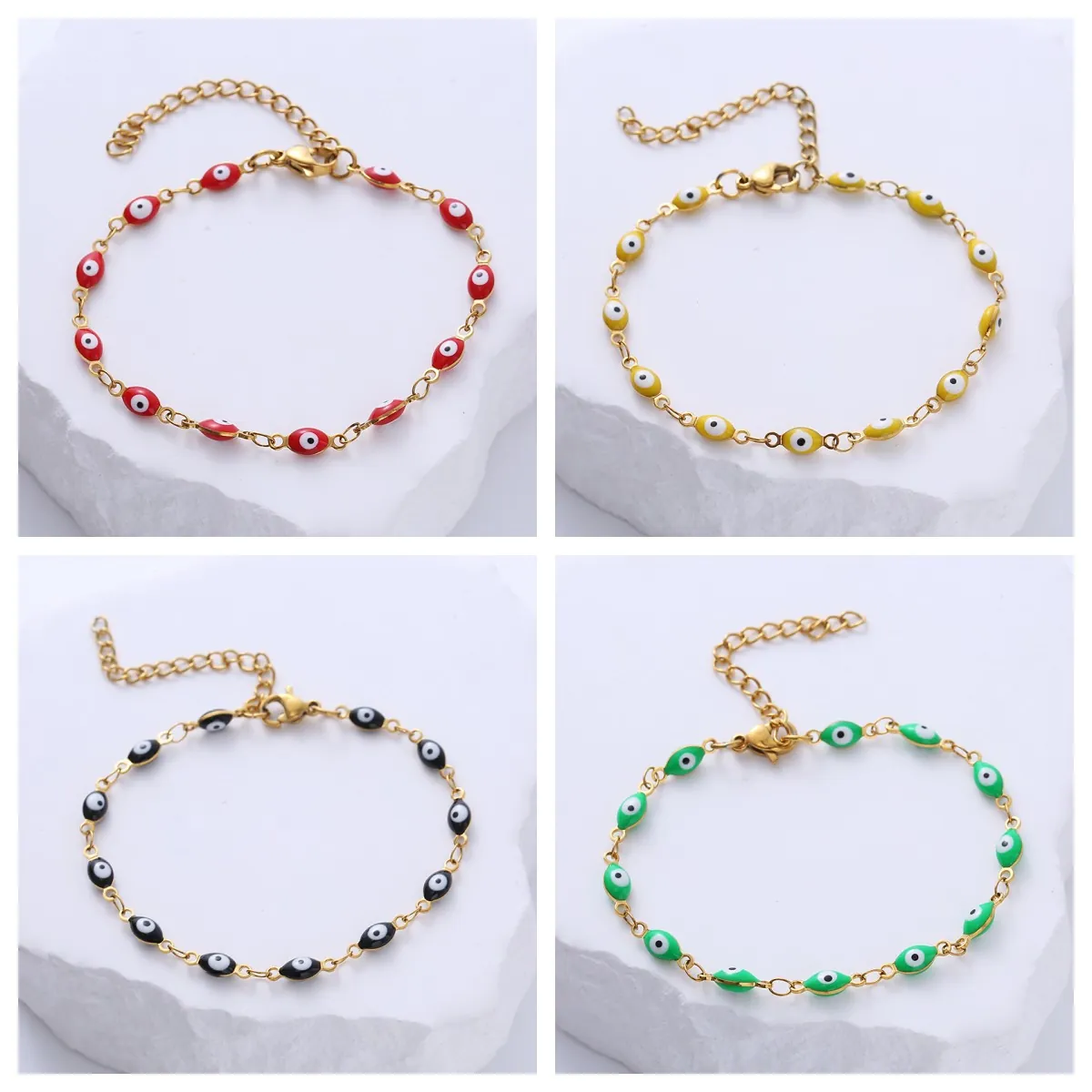 Evil Eye Stainless Steel Bracelet Enamel Heart Oval Link Chain Bohemian Ethnic Adjustable Lucky Jewelry For Women